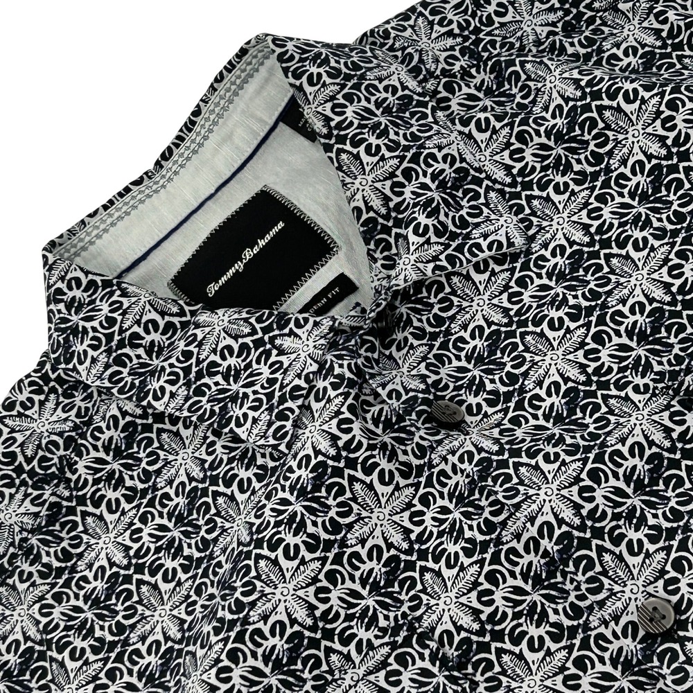 Tommy Bahama Shirt Mens M Navy White Floral Island Modern Fit Silk Blend‎